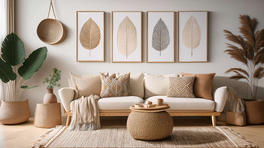 Wnętrze salonu styl boho oprawione grafiki na ścianach.