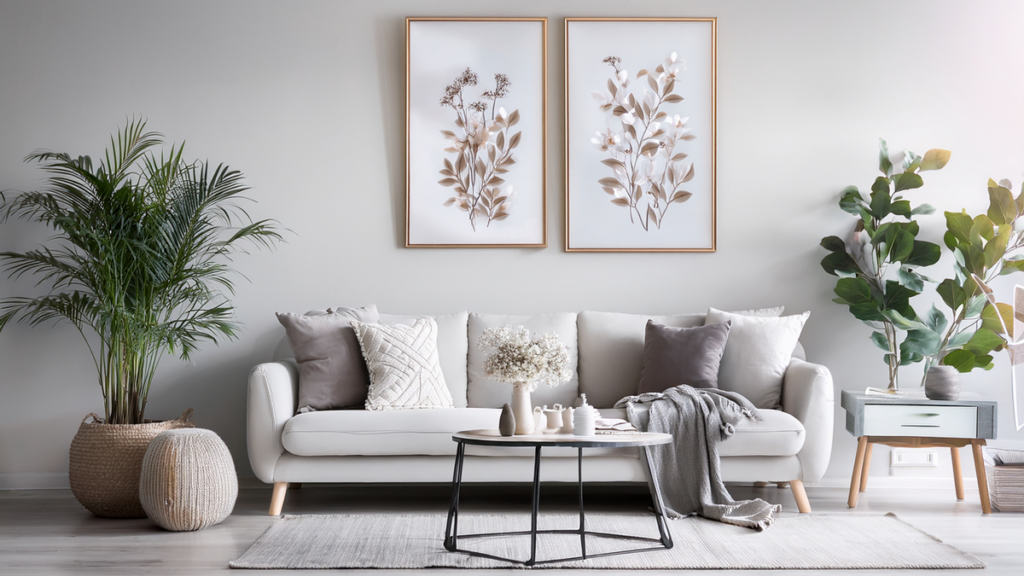 Wnętrze salonu styl skandynawski oprawione grafiki na ścianach.