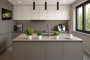 Wizualizacja kuchni z użyciem pliku zielone szparagi jako dekoracja ścienna.