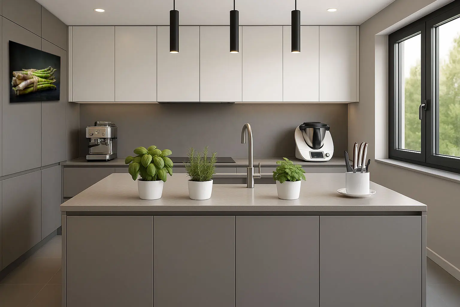 Wizualizacja kuchni z użyciem pliku zielone szparagi jako dekoracja ścienna.