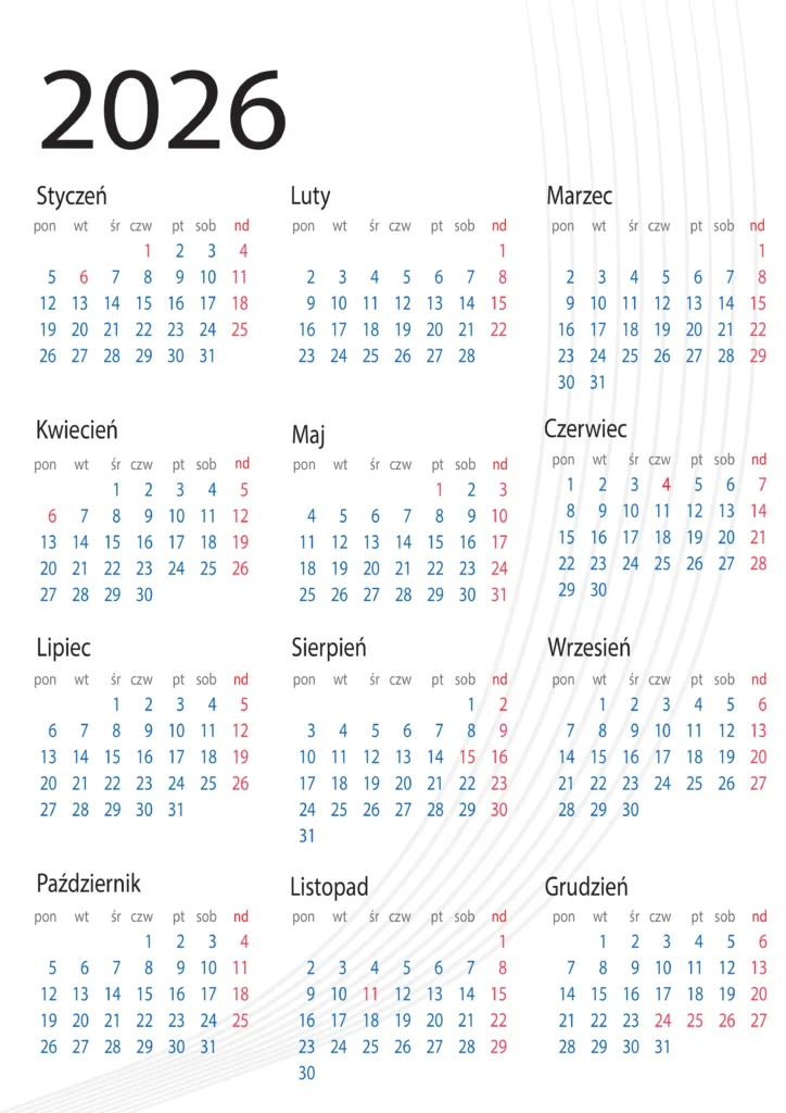 Kalendarz 2026 cały rok jedna strona