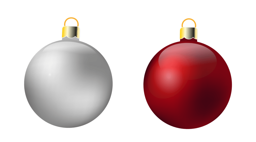 Dwie bombki świąteczne srebrna i czerwona przezroczyste tło