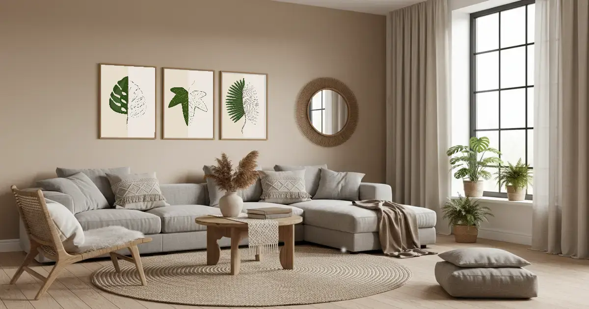 Zestaw 3 minimalistycznych plakatów botanicznych z motywem liści egzotycznych wizualizacja salon