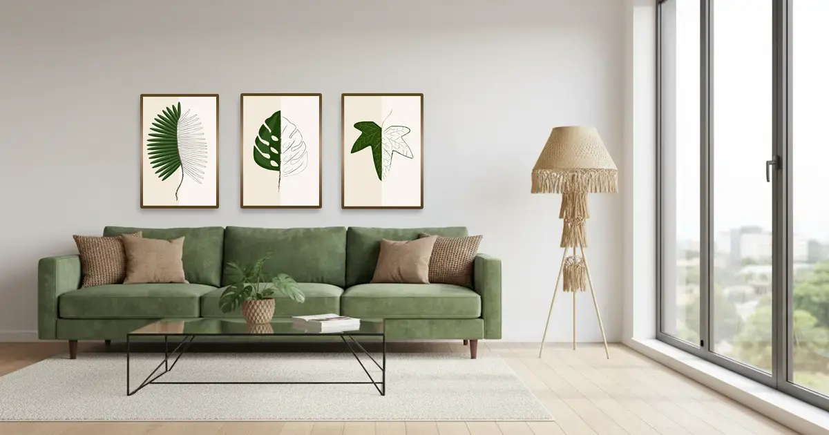 Zestaw 3 plakatów botanicznych do druku – Liście egzotyczne - wizualizacja salon