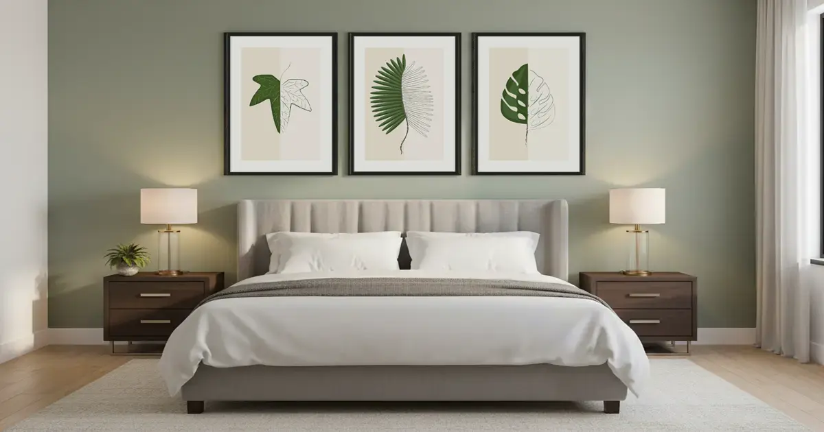 Zestaw 3 plakatów botanicznych do druku – Liście egzotyczne wizualizacja sypialnia