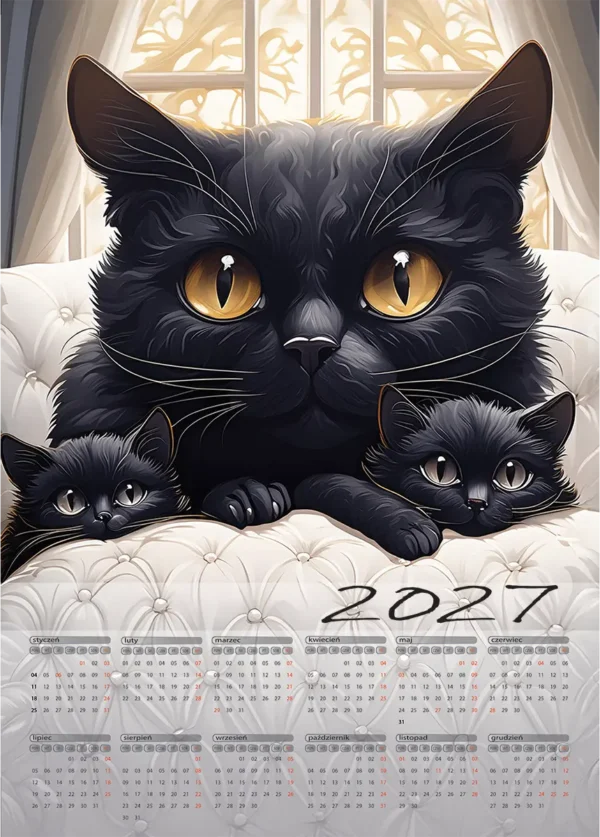 Kalendarz ścienny 2027 z ilustracją trzech czarnych kotów o złotych oczach leżących na białej pikowanej kanapie, styl digital art, format A3 pionowy, 12 miesięcy na jednej stronie, polska wersja językowa.
