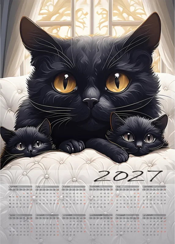 Kalendarz ścienny 2027 z ilustracją trzech czarnych kotów o złotych oczach leżących na białej pikowanej kanapie, styl digital art, format A3 pionowy, 12 miesięcy na jednej stronie, polska wersja językowa.