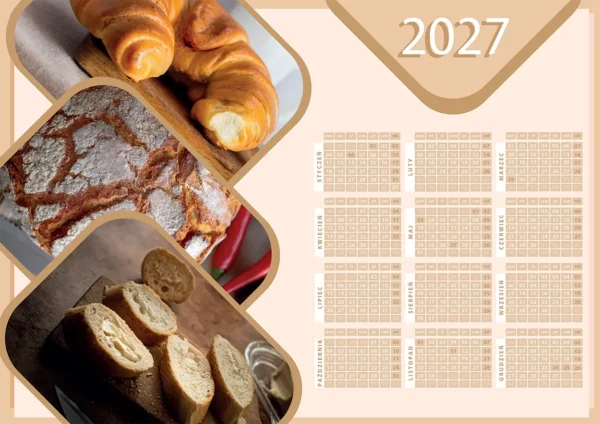 Kalendarz ścienny 2027 w formacie A3, orientacja pozioma, minimalistyczny design w odcieniach beżu i brązu ze zdjęciami świeżego pieczywa – rogalików, chleba na zakwasie i krojonej chałki. Wszystkie 12 miesięcy na jednej stronie