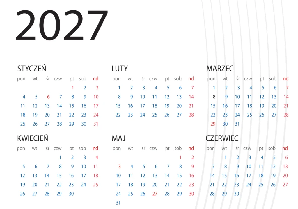 Fragment prostego kalendarza 2027 w PDF w języku polskim. Widoczne miesiące od stycznia do czerwca w minimalistycznym układzie na jasnym tle.