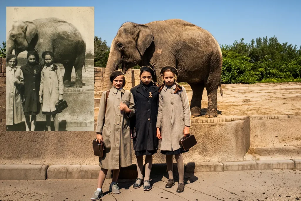 Kolorowanie zdjęcia przed i po – archiwalna czarno-biała fotografia trzech dziewczynek pozujących ze słoniem w zoo, obok wersja po profesjonalnym kolorowaniu