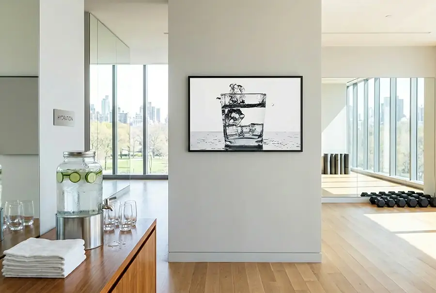 Fotoposter ze szklanką wody z lodem w czarnej ramie w jasnym studiu fitness przy stacji nawodnienia