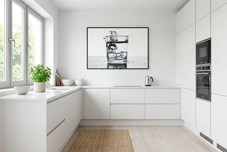 Poziomy fotoposter ze szklanką wody z lodem w czarnej ramie w białej minimalistycznej kuchni