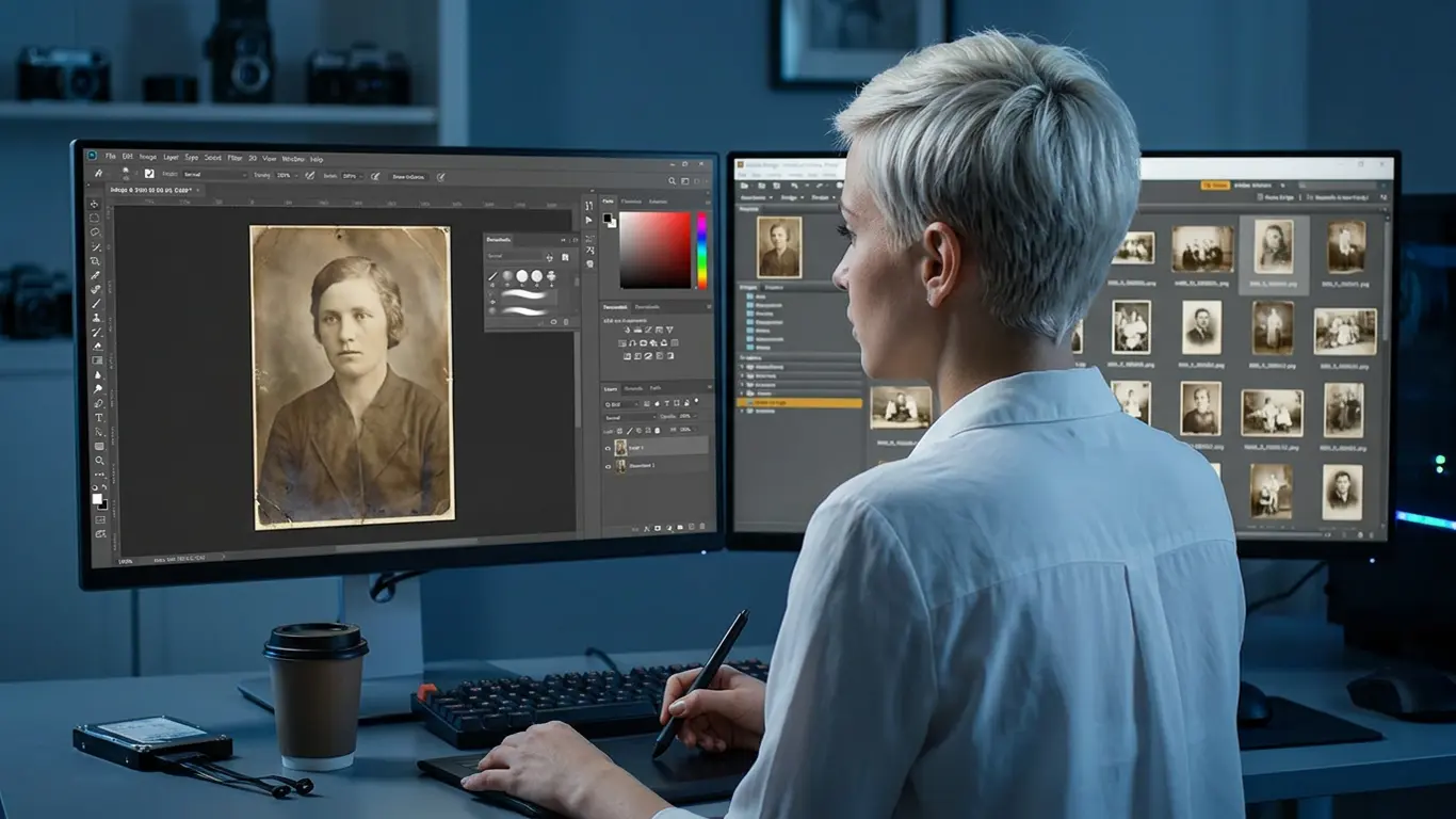 Retuszerka koloryzuje stare czarno-białe zdjęcie portretowe w Photoshopie