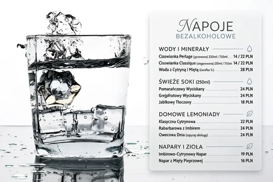 Poziome menu napojów bezalkoholowych – zdjęcie szklanki wody z lodem Poziome menu „Napoje bezalkoholowe” ze zdjęciem szklanki wody z lodem po lewej stronie