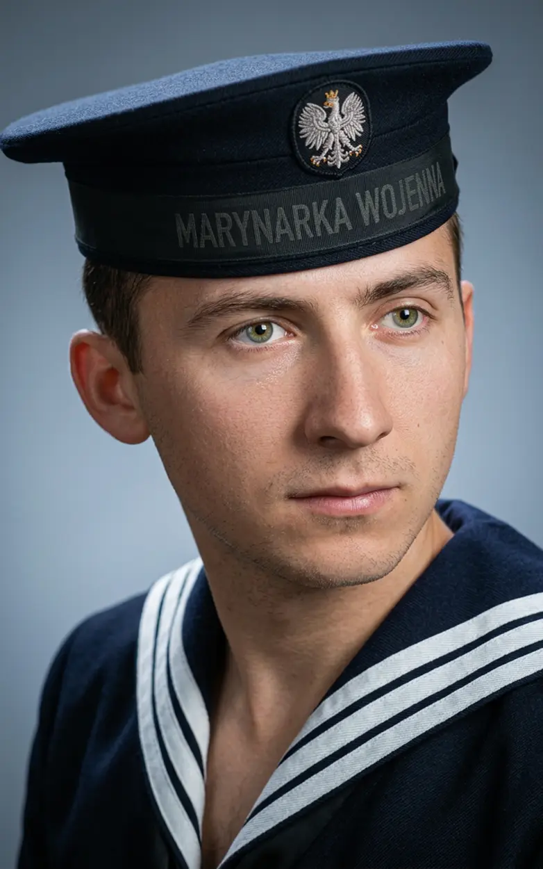 Portret marynarza po koloryzacji i rekonstrukcji AI z naturalnymi kolorami munduru