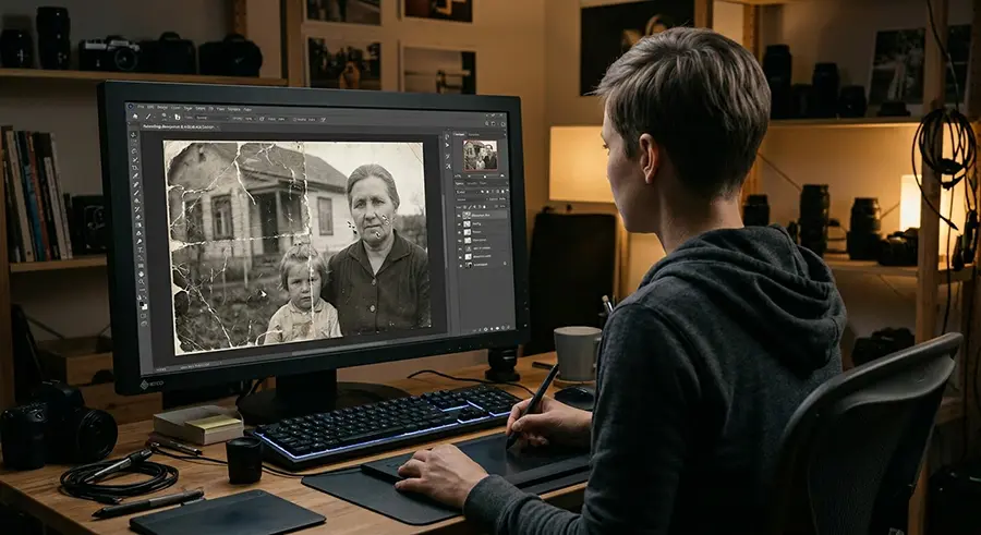 Renowacja starego zdjęcia - retusz popękanej fotografii kobiety z dzieckiem w Photoshopie