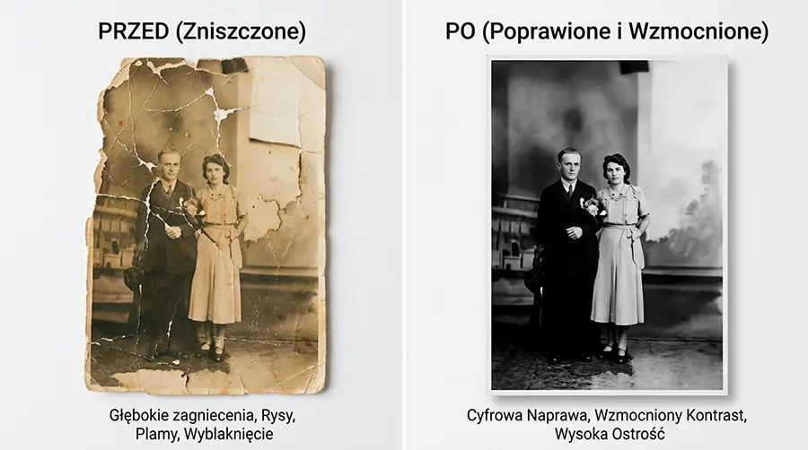 Renowacja starego zdjęcia pary - porównanie przed i po: usunięte zagniecenia, rysy i plamy