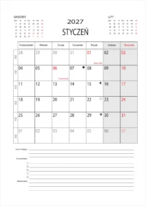 Strona stycznia 2027 w planerze A4 z kalendarium, celami miesiąca, listą zadań i ważnymi datami