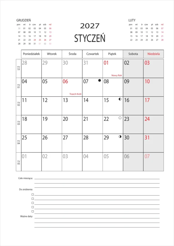 Strona stycznia 2027 w planerze A4 z kalendarium, celami miesiąca, listą zadań i ważnymi datami