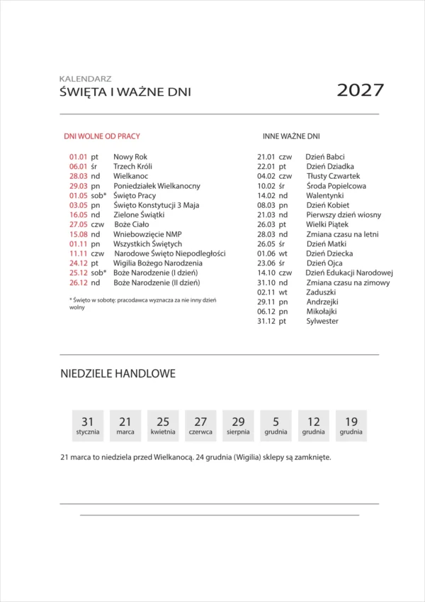 Strona planera 2027 z listą dni wolnych od pracy, innych ważnych dni i niedziel handlowych w 2027 roku