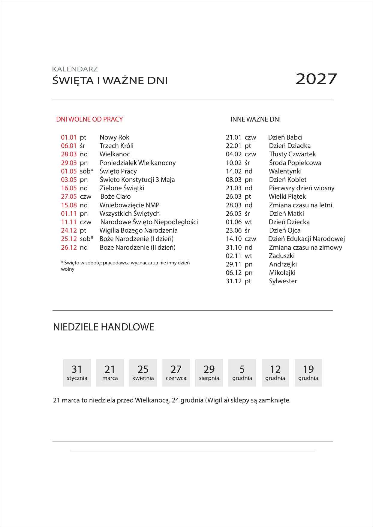Strona planera 2027 z listą dni wolnych od pracy, innych ważnych dni i niedziel handlowych w 2027 roku