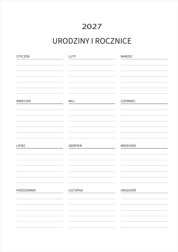 Strona na urodziny i rocznice w planerze 2027, podzielona na 12 miesięcy