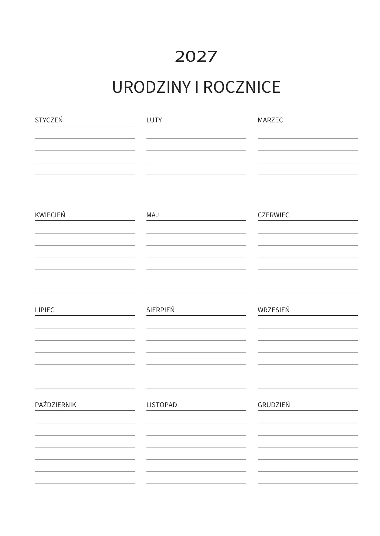 Strona na urodziny i rocznice w planerze 2027, podzielona na 12 miesięcy